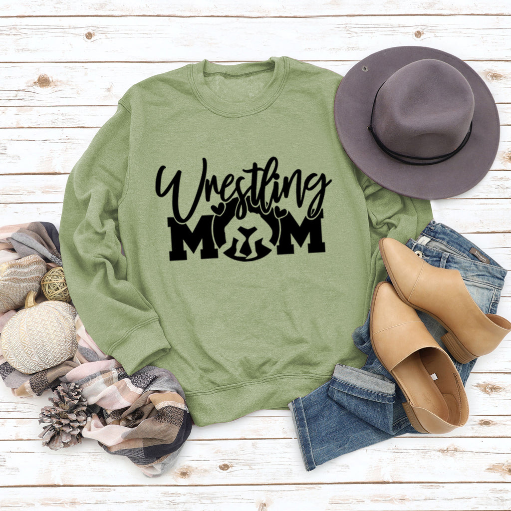 Großer Langarm-Pullover mit Wrestling-Mom-Buchstaben und Rundhalsausschnitt