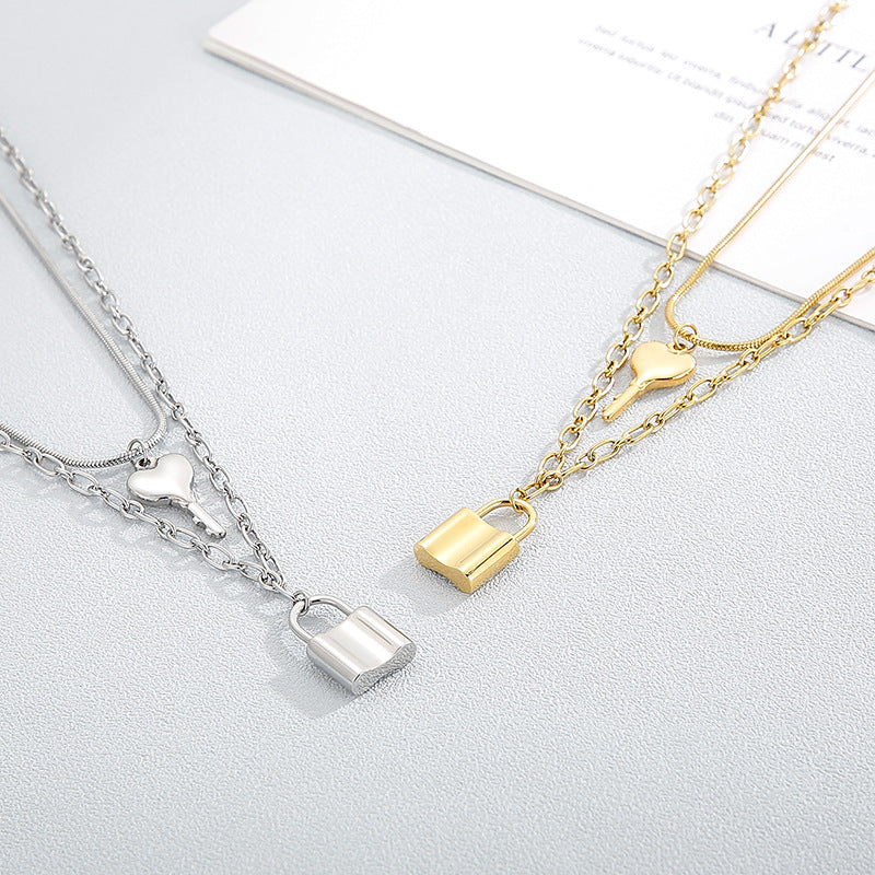 Collier pendentif clé et serrure, bijoux en acier inoxydable pour femmes