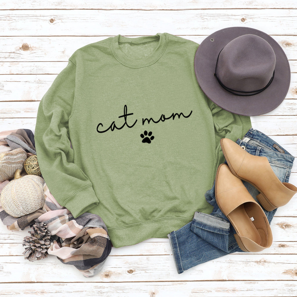 Cat Mom Dog Print Rundhalsausschnitt Lose Buchstaben Mode Damen Langarm Sweatshirt