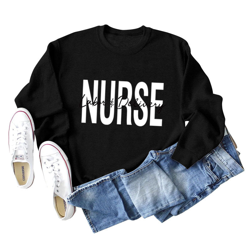 Krankenschwester Wehen Lieferung Rundhals Buchstabendruck Locker Großer Langarmpullover
