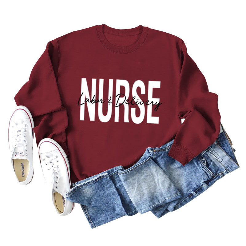 Krankenschwester Wehen Lieferung Rundhals Buchstabendruck Locker Großer Langarmpullover