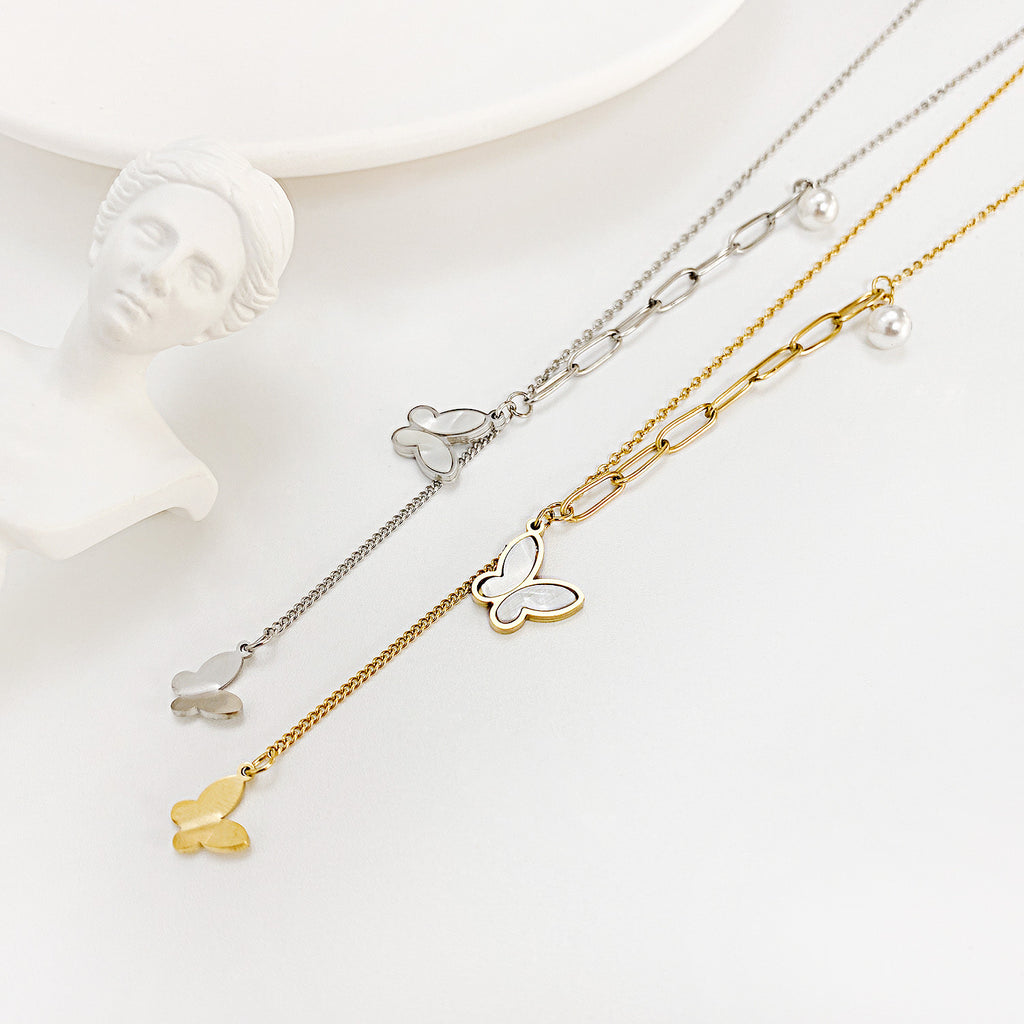 Pieced Chain with Three-dimensional Butterfly Pendant and Pearl Necklace with Matching Collarbone Chain