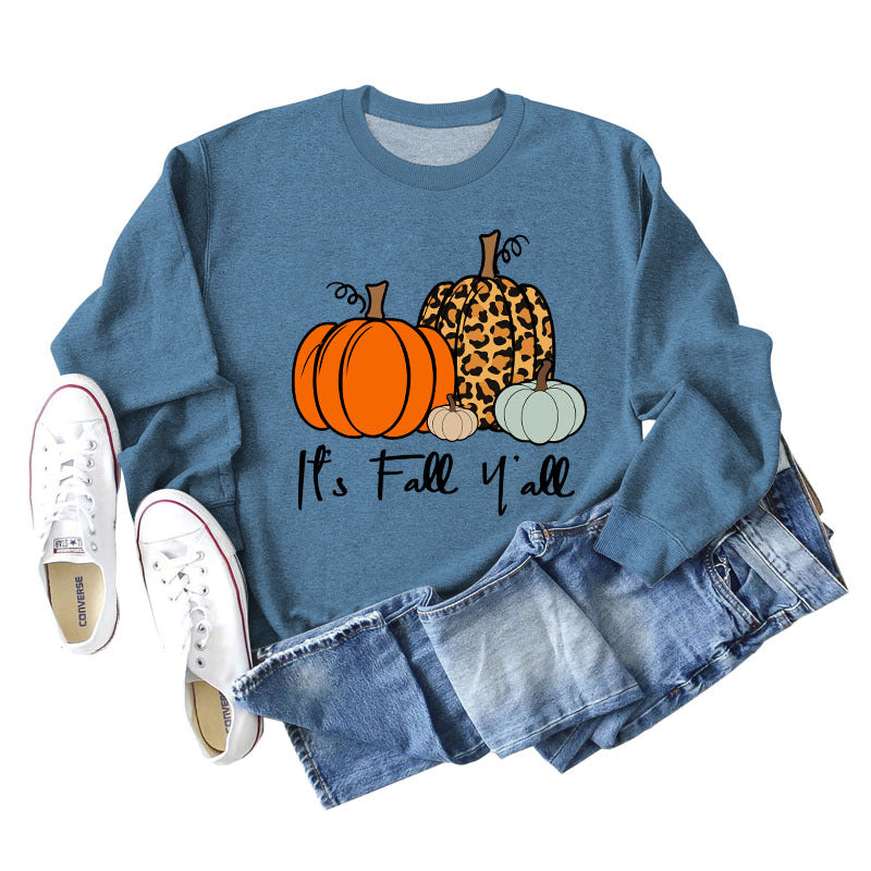 It's Fall Y'all Leopard Print Letter Print Round Neck Loose Fashion Long Sleeve Sweater