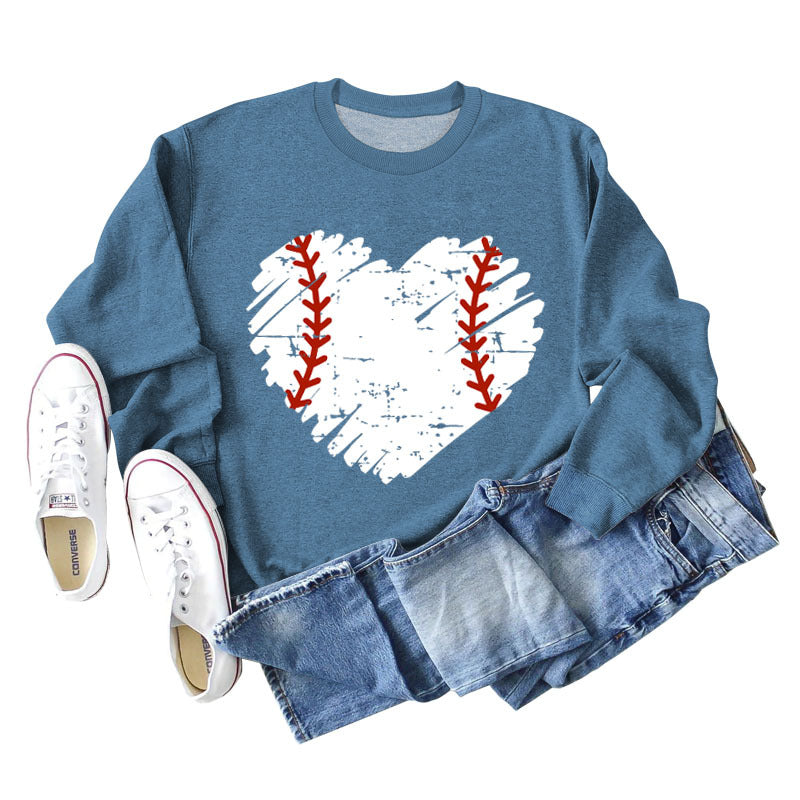 Love Baseball Print Rundhals Großer lässiger Langarm-Damenpullover