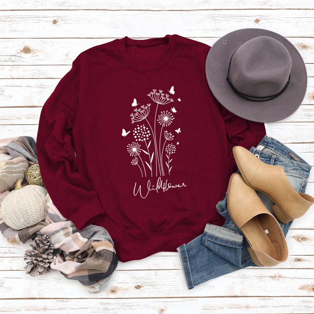 Pull surdimensionné à manches longues, ample et décontracté, imprimé de lettres de papillon et de fleurs sauvages, automne et hiver