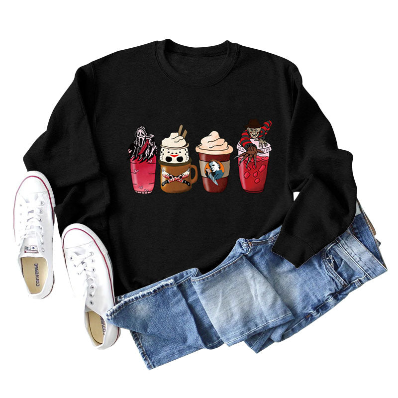 Lockerer Pullover mit Rundhalsausschnitt und Kaffeegeist-Print für Herbst und Winter mit langen Ärmeln und großer Größe