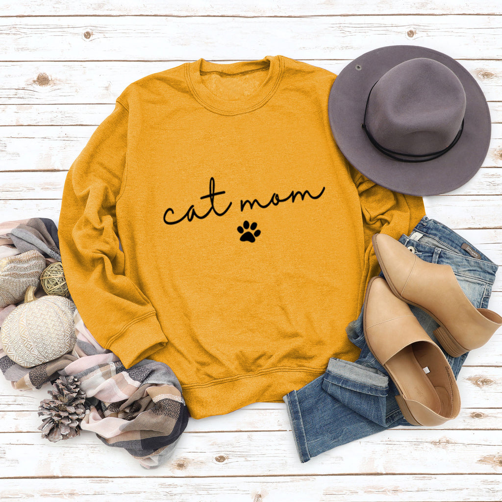 Cat Mom Dog Print Rundhalsausschnitt Lose Buchstaben Mode Damen Langarm Sweatshirt