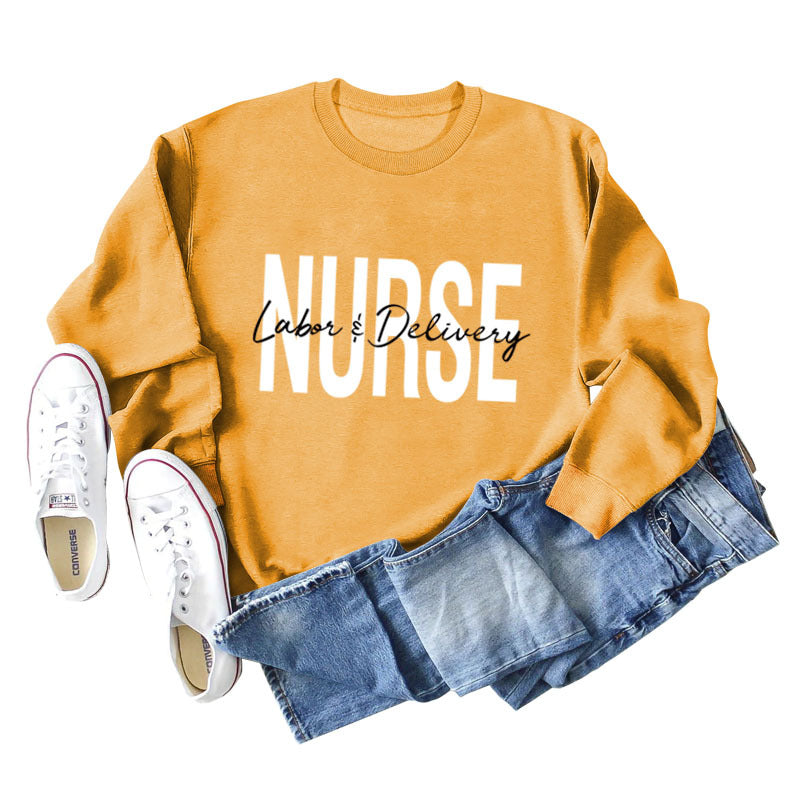 Krankenschwester Wehen Lieferung Rundhals Buchstabendruck Locker Großer Langarmpullover