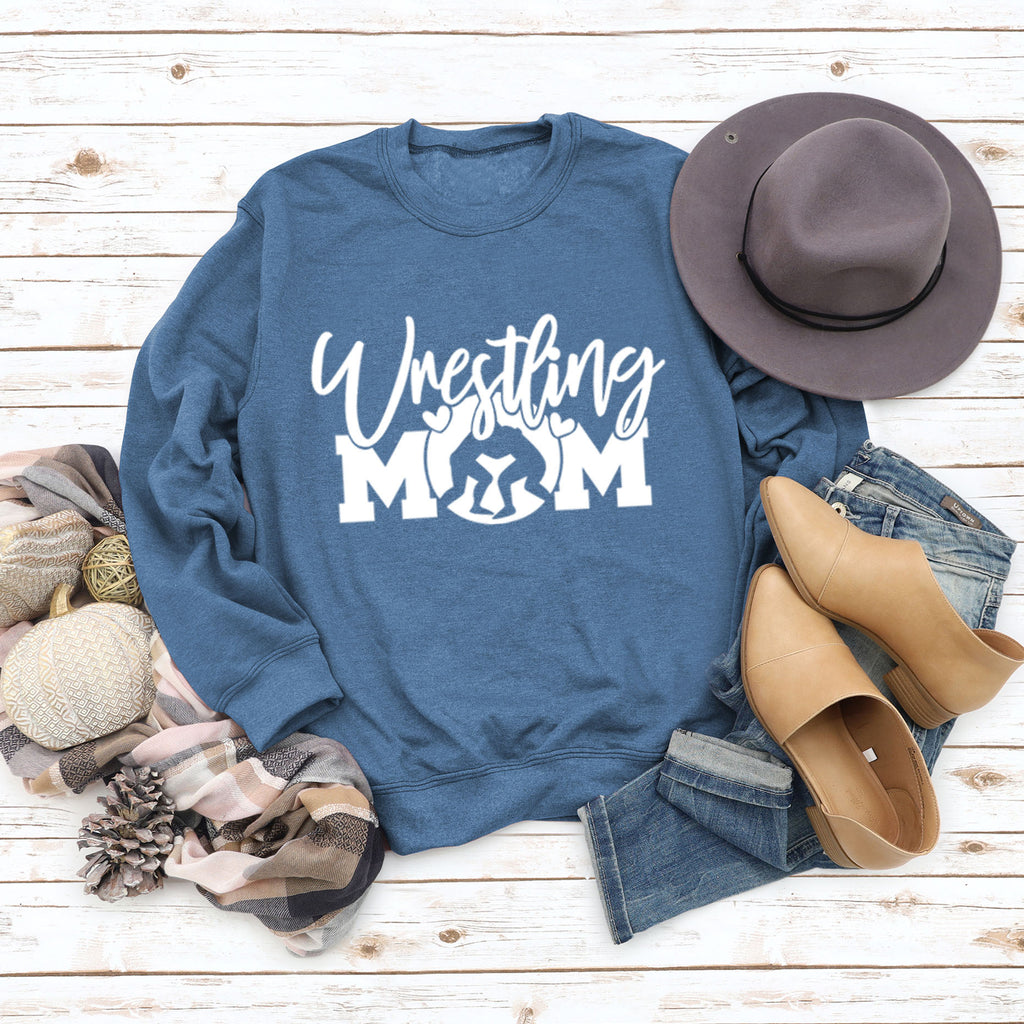 Großer Langarm-Pullover mit Wrestling-Mom-Buchstaben und Rundhalsausschnitt