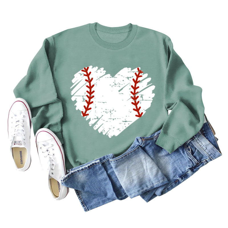 Love Baseball Print Rundhals Großer lässiger Langarm-Damenpullover