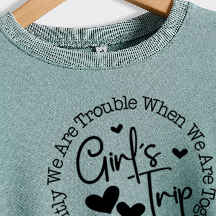 Girl's Trip Letter Heart Print Long-sleeved Loose Sweater Shirt for Women