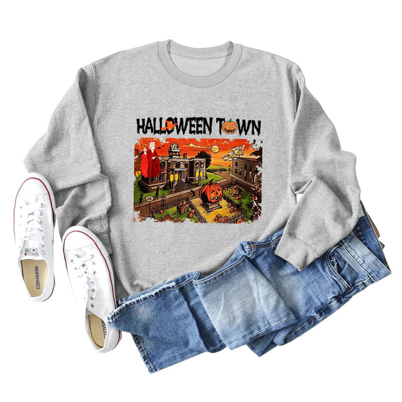 Pull ample à manches longues pour femmes, chemise ample avec lettres imprimées de ville d'halloween, nouvelle collection