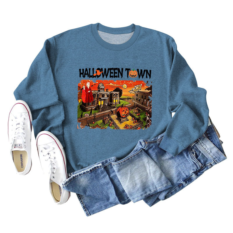 Pull ample à manches longues pour femmes, chemise ample avec lettres imprimées de ville d'halloween, nouvelle collection