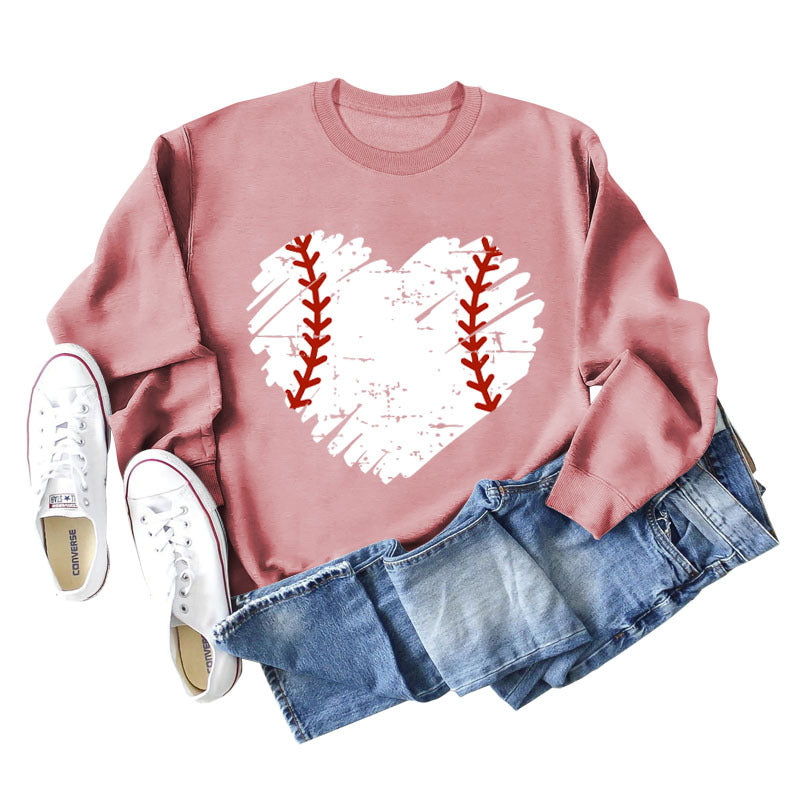 Love Baseball Print Rundhals Großer lässiger Langarm-Damenpullover