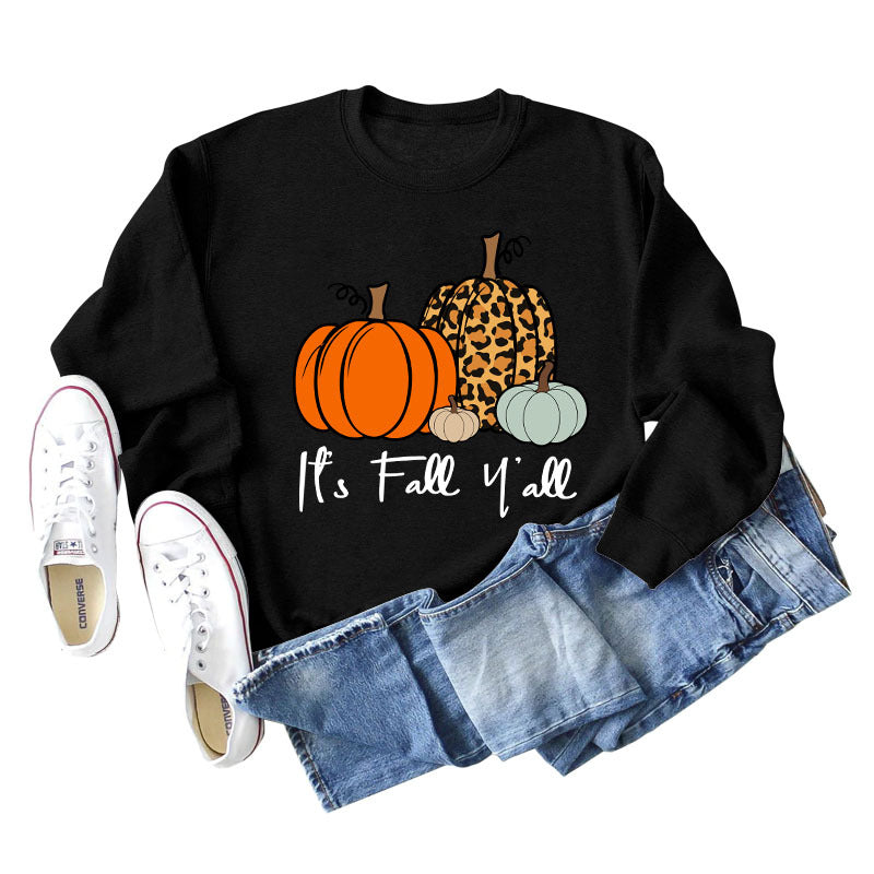 It's Fall Y'all Leopard Print Letter Print Round Neck Loose Fashion Long Sleeve Sweater