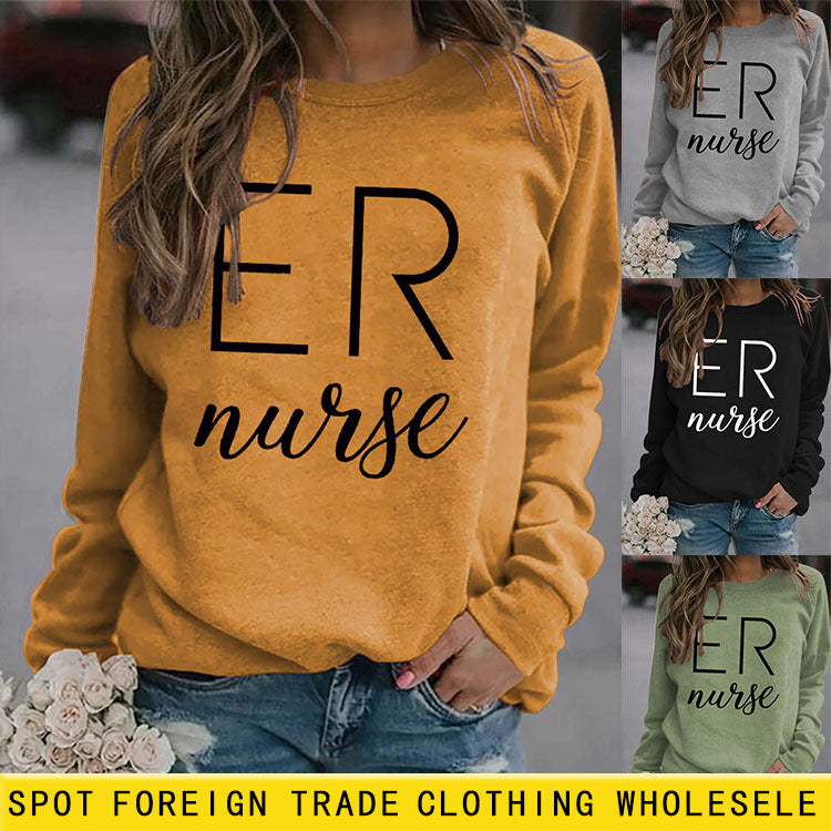 ER Nurse Round Neck Fashion Letter Tops Long Sleeve Women's Print Loose Sweatshirt
