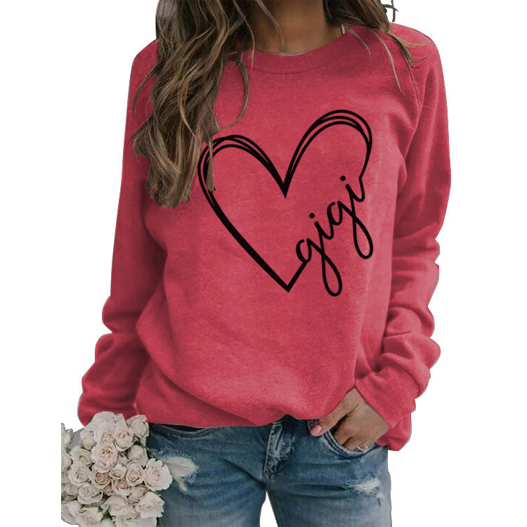 Gigi Heart Letter Printed Rundhalspullover mit lockerem Schnitt und langen Ärmeln