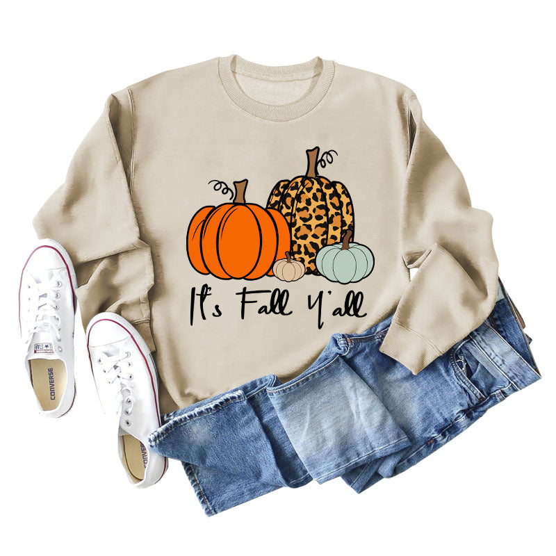 It's Fall Y'all Leopard Print Letter Print Round Neck Loose Fashion Long Sleeve Sweater