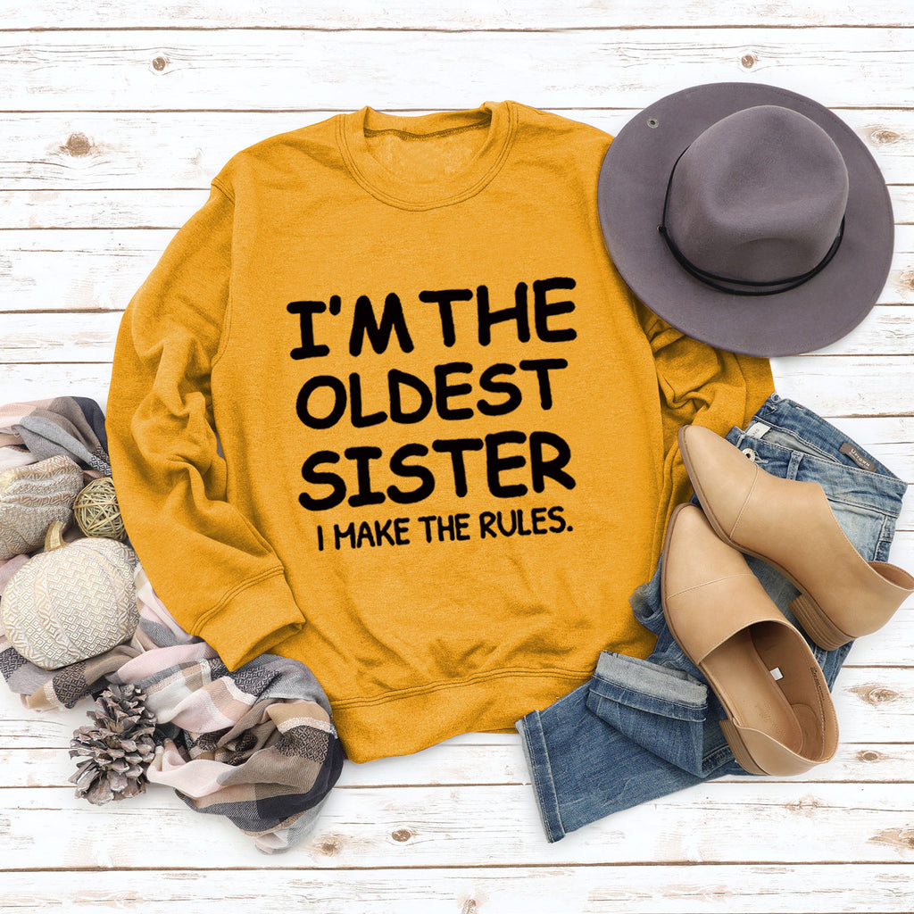 Round Neck Letter Fashion Women Long Sleeve I'M THE OLDEST SISTER Loose Print Sweatshirt