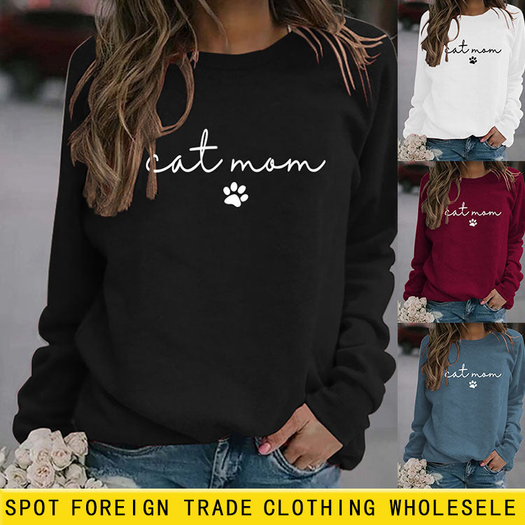 Cat Mom Dog Print Rundhalsausschnitt Lose Buchstaben Mode Damen Langarm Sweatshirt