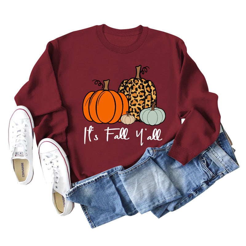 It's Fall Y'all Leopard Print Letter Print Round Neck Loose Fashion Long Sleeve Sweater