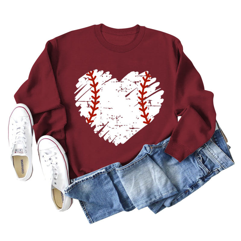 Love Baseball Print Rundhals Großer lässiger Langarm-Damenpullover