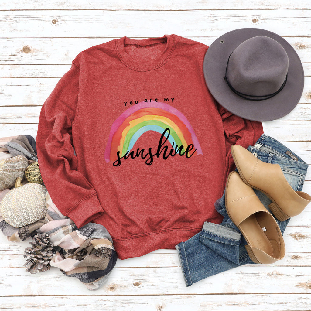 „You Are My Sunshine“-Pullover mit Regenbogen-Buchstabendruck für Damen