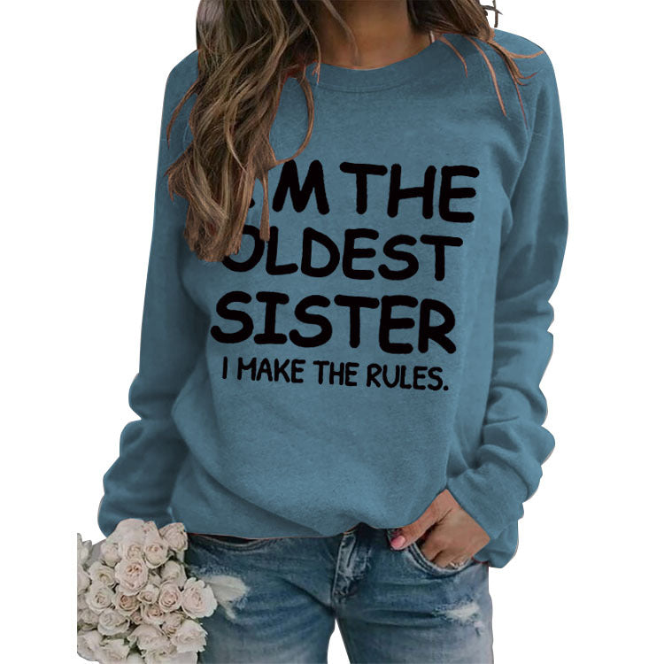 Round Neck Letter Fashion Women Long Sleeve I'M THE OLDEST SISTER Loose Print Sweatshirt