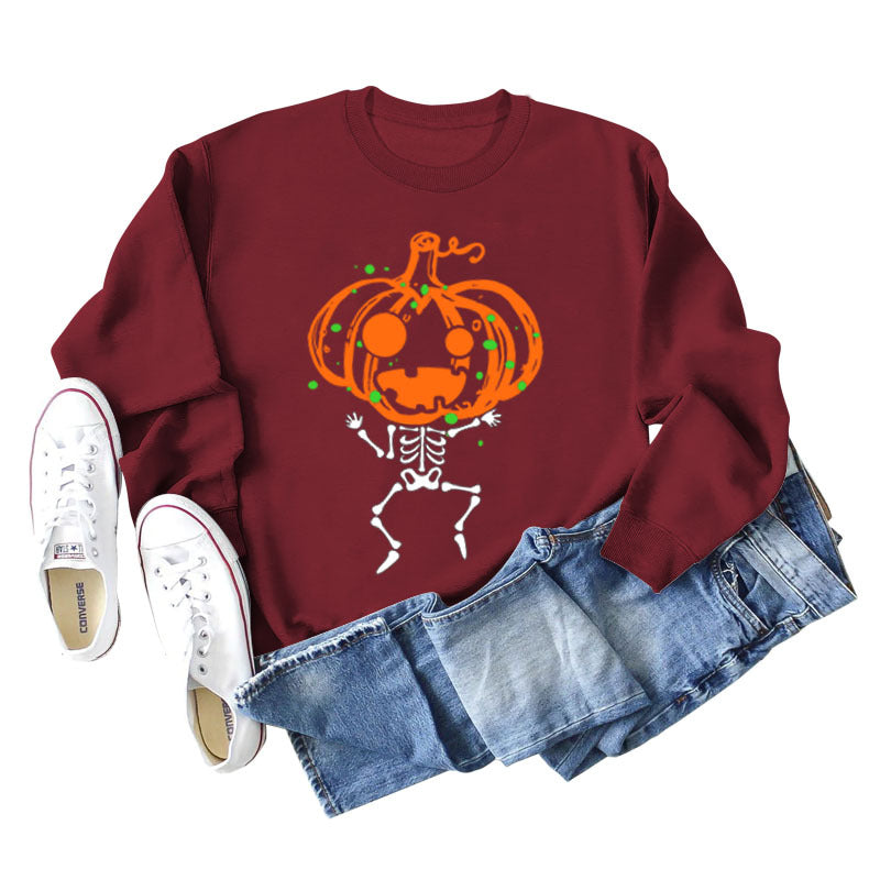 Pumpkin Skull Print Crew Neck Base Long Sleeve Ladies Sweater