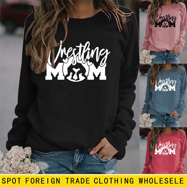 Großer Langarm-Pullover mit Wrestling-Mom-Buchstaben und Rundhalsausschnitt