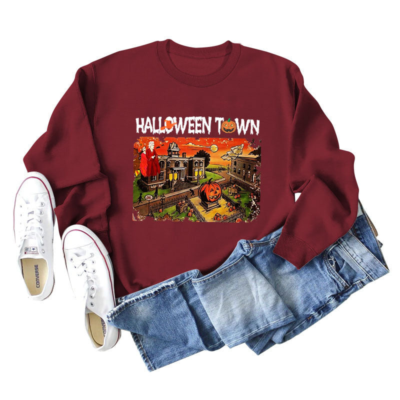 Pull ample à manches longues pour femmes, chemise ample avec lettres imprimées de ville d'halloween, nouvelle collection