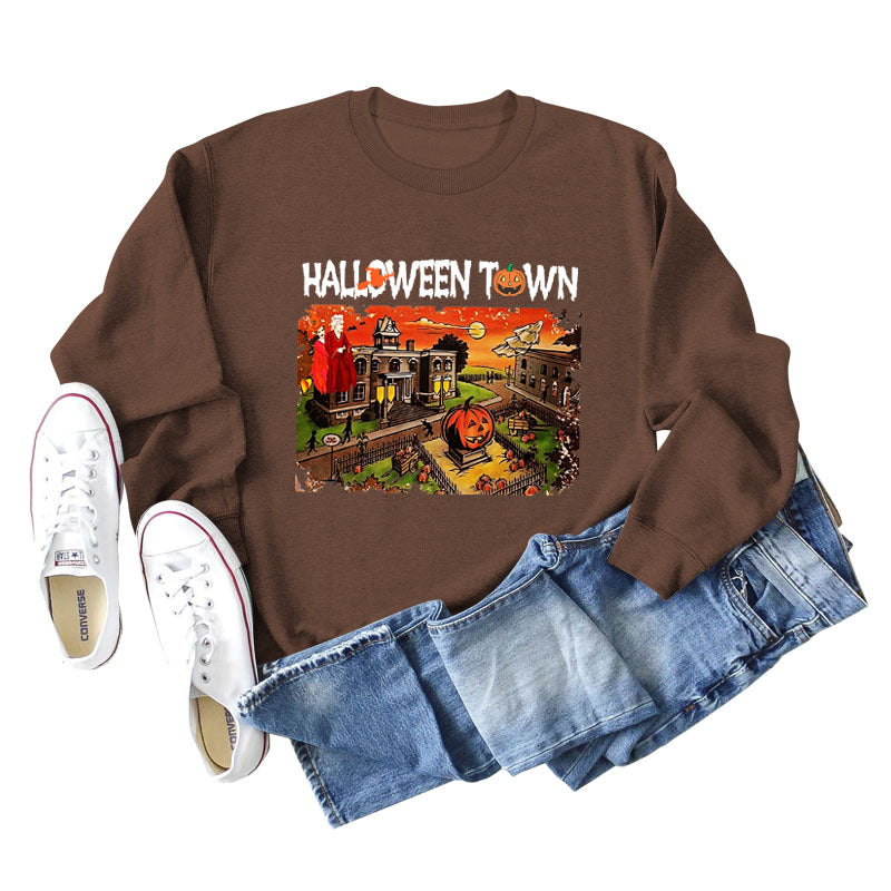 Pull ample à manches longues pour femmes, chemise ample avec lettres imprimées de ville d'halloween, nouvelle collection
