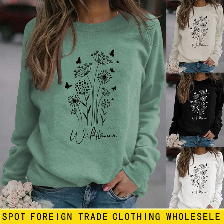 Pull surdimensionné à manches longues, ample et décontracté, imprimé de lettres de papillon et de fleurs sauvages, automne et hiver