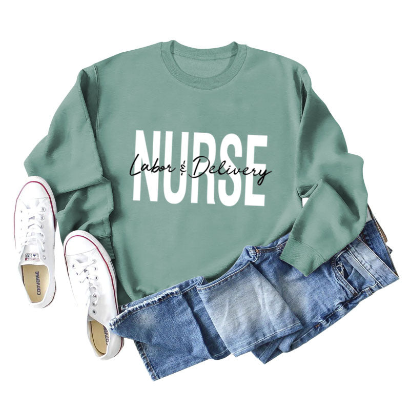 Krankenschwester Wehen Lieferung Rundhals Buchstabendruck Locker Großer Langarmpullover