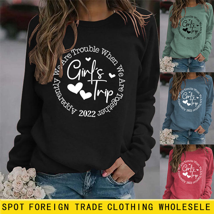 Girl's Trip Letter Heart Print Long-sleeved Loose Sweater Shirt for Women