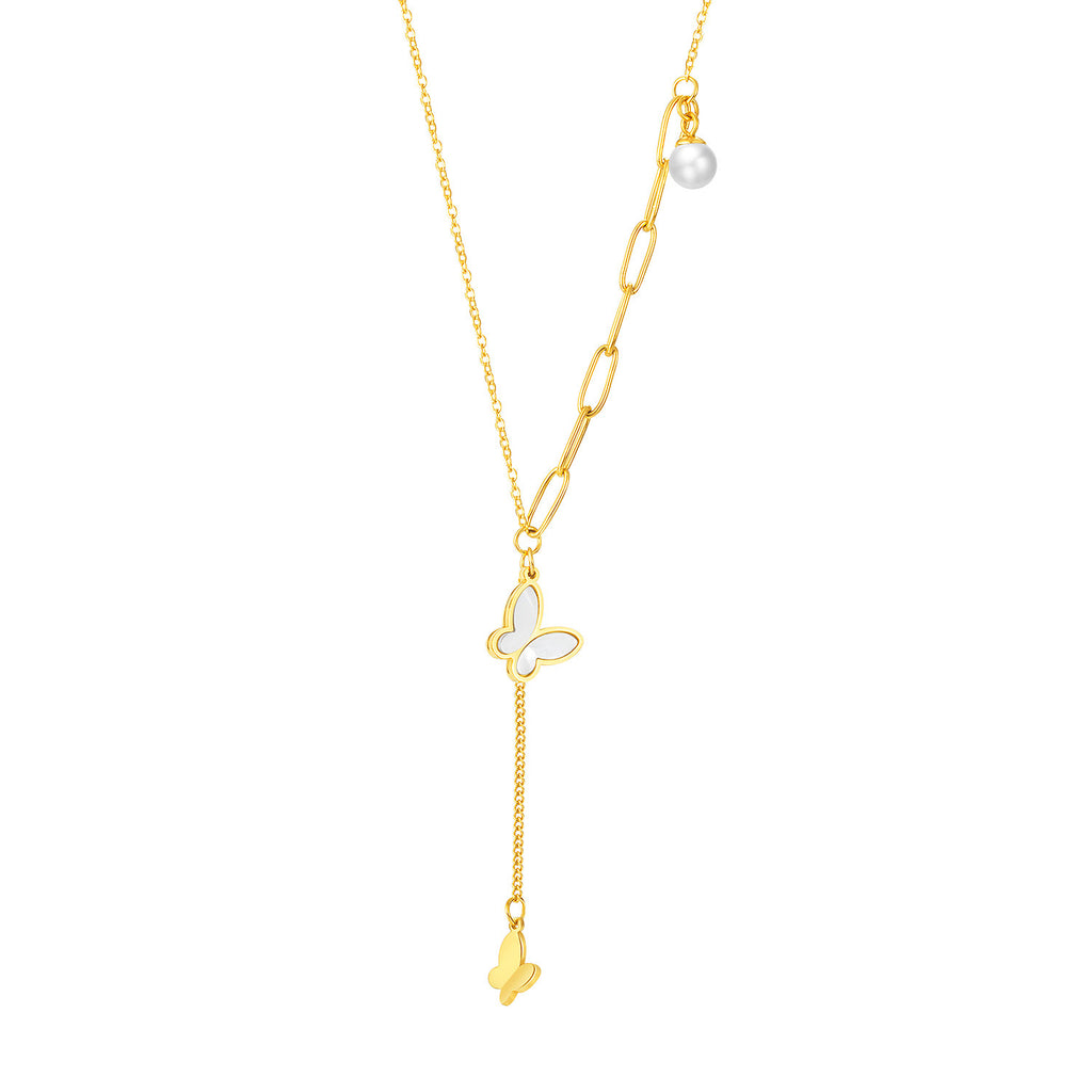 Pieced Chain with Three-dimensional Butterfly Pendant and Pearl Necklace with Matching Collarbone Chain