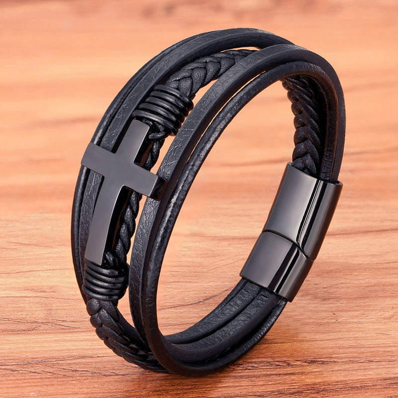 Luxury Multicolor Cross Design Classic Stainless Steel Mens Leather Bracelet 19/21/23 cm Choose Handsome Mens Christmas Gifts