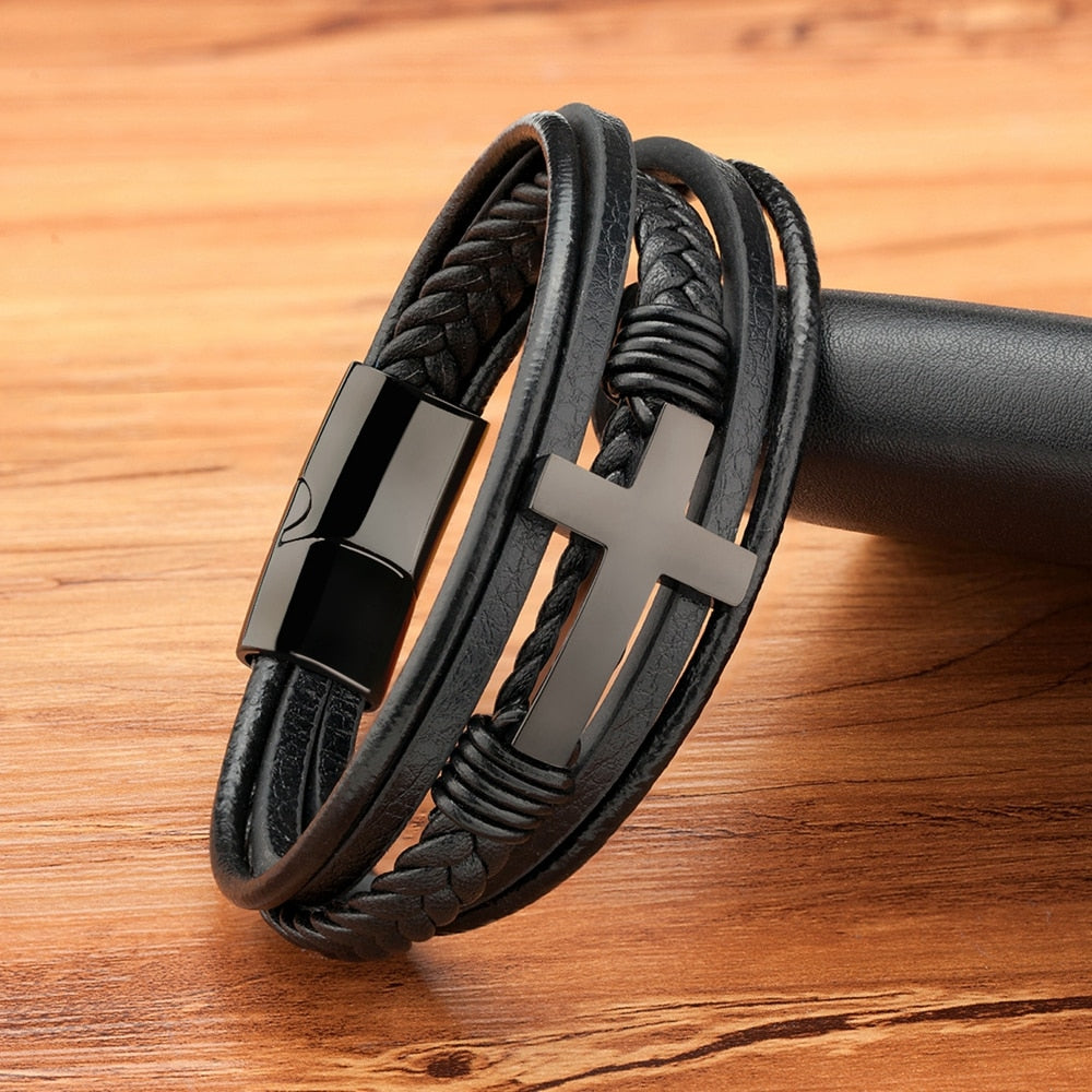 Bracelet de luxe en cuir pour hommes, Design croisé multicolore, classique, en acier inoxydable, 19/21/23 cm, choisissez de beaux cadeaux de noël pour hommes