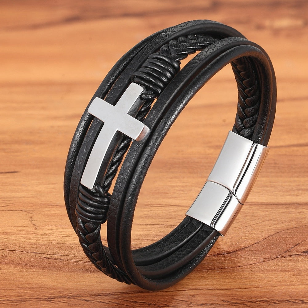 Bracelet de luxe en cuir pour hommes, Design croisé multicolore, classique, en acier inoxydable, 19/21/23 cm, choisissez de beaux cadeaux de noël pour hommes