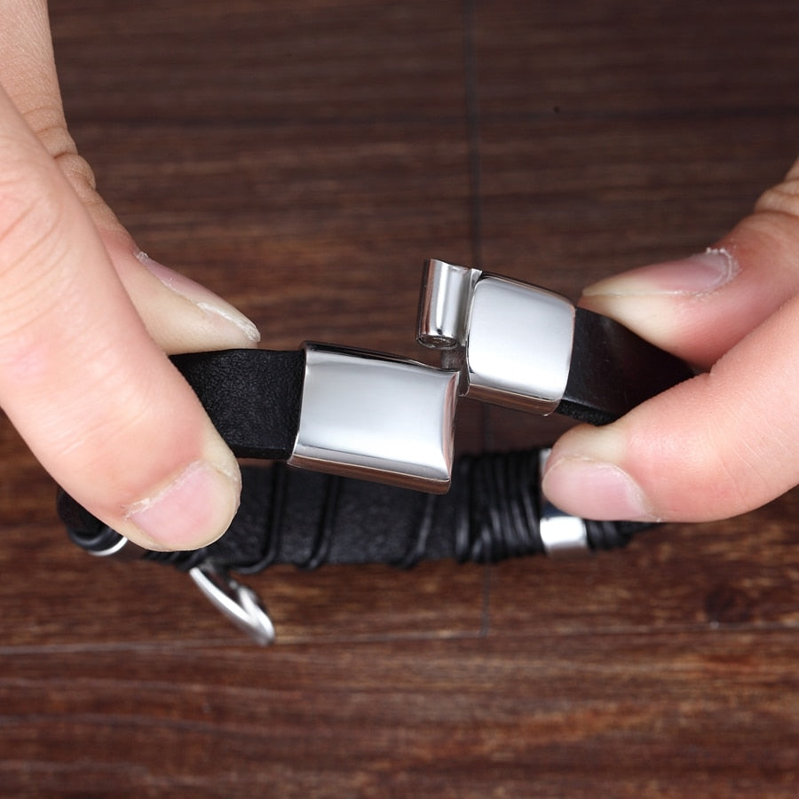 Bracelet de luxe en cuir pour hommes, Design croisé multicolore, classique, en acier inoxydable, 19/21/23 cm, choisissez de beaux cadeaux de noël pour hommes