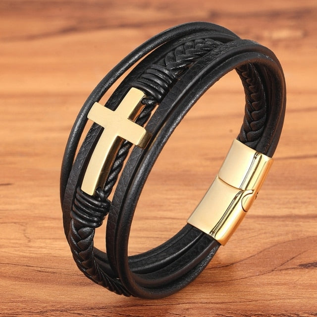 Bracelet de luxe en cuir pour hommes, Design croisé multicolore, classique, en acier inoxydable, 19/21/23 cm, choisissez de beaux cadeaux de noël pour hommes