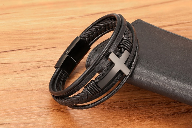 Luxury Multicolor Cross Design Classic Stainless Steel Mens Leather Bracelet 19/21/23 cm Choose Handsome Mens Christmas Gifts