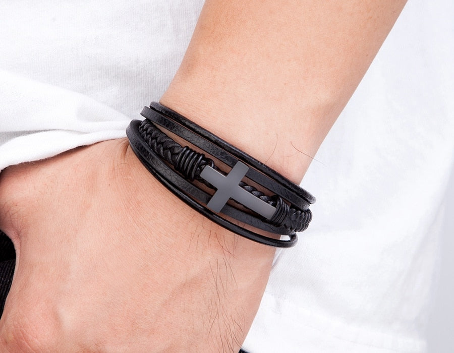 Bracelet de luxe en cuir pour hommes, Design croisé multicolore, classique, en acier inoxydable, 19/21/23 cm, choisissez de beaux cadeaux de noël pour hommes