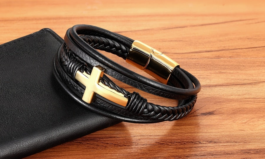 Bracelet de luxe en cuir pour hommes, Design croisé multicolore, classique, en acier inoxydable, 19/21/23 cm, choisissez de beaux cadeaux de noël pour hommes