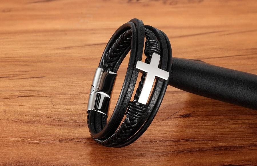 Bracelet de luxe en cuir pour hommes, Design croisé multicolore, classique, en acier inoxydable, 19/21/23 cm, choisissez de beaux cadeaux de noël pour hommes