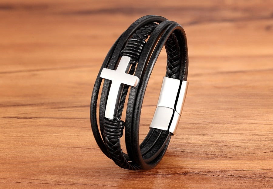 Bracelet de luxe en cuir pour hommes, Design croisé multicolore, classique, en acier inoxydable, 19/21/23 cm, choisissez de beaux cadeaux de noël pour hommes