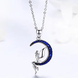 925 Sterling Silver Lucky Fairy on Moon Pendant Necklaces Blue Zircon Crescent Neck Chain for Women Gift Jewelry