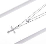 Sterling Silver 925 Cross and Heart Double Layer Pendant Necklace for Women Pave Setting CZ Simple Fine Jewelry