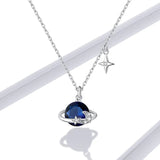 925 Sterling Silver Blue Planet Pendant Necklace for Women Stars Design Engagement Statement Jewelry Collar