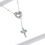 925 Sterling Silver Love & Cross Pendant Necklace for Women Colored Zirconium Lock Chain Choker Plated Platinum Jewelry